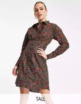 Коричневое мини-платье с цветочным принтом и защипами River Island