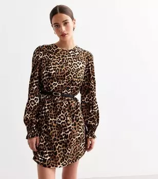 Коричневое мини-платье с длинными рукавами и поясом с леопардовым принтом New Look, коричневый