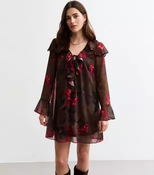 Коричневое мини-платье с длинными рукавами и рюшами с принтом роз New Look, коричневый