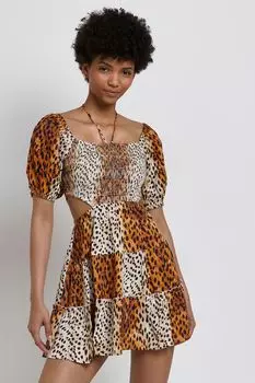 Коричневое мини-платье с рюшами и вырезами River Island, коричневый