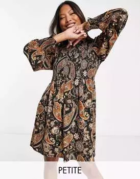 Коричневое мини-платье с высоким воротником и длинными рукавами New Look