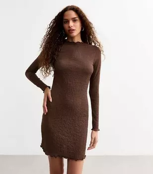 Коричневое мини-платье с жатым длинным рукавом New Look, темно-коричневый