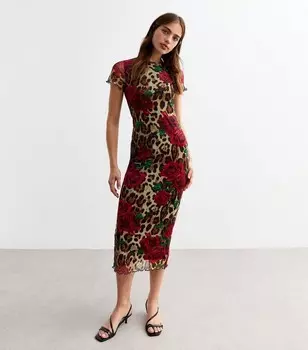 Коричневое мини-платье в сеточку с леопардовым принтом New Look, коричневый