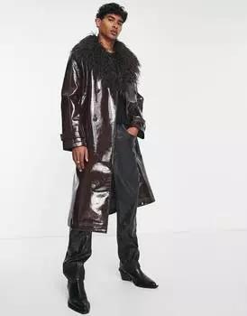 Коричневое пальто из искусственной кожи с отделкой из искусственного меха ASOS DESIGN