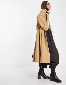 Коричневое пальто с начесом и поясом ASOS DESIGN
