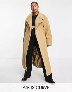 Коричневое пальто с начесом и поясом ASOS DESIGN Curve