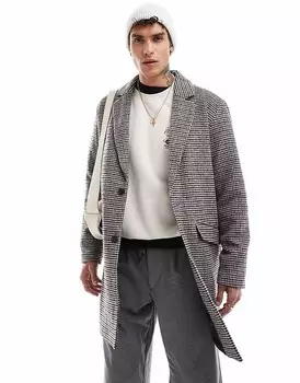 Коричневое пальто в клетку Jack & Jones из смесовой шерсти