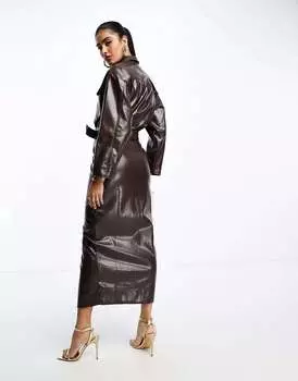 Коричневое платье-блузон миди на пуговицах из кожи крокодила ASOS