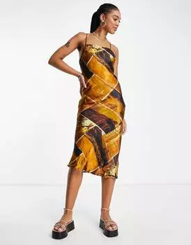 Коричневое платье-комбинация миди с принтом ранчо Topshop