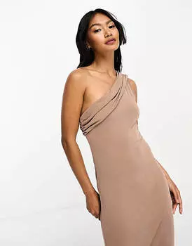 Коричневое платье макси из модала с драпировкой на одно плечо ASOS DESIGN