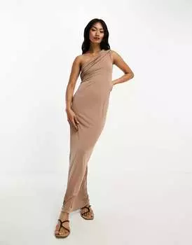 Коричневое платье макси на одно плечо с драпировкой из модала ASOS