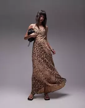 Коричневое платье макси с бретелями Topshop – с анималистическим принтом и украшением