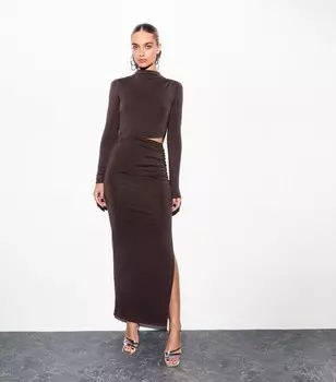 Коричневое платье-макси с длинным рукавом и вырезом New Look, темно-коричневый