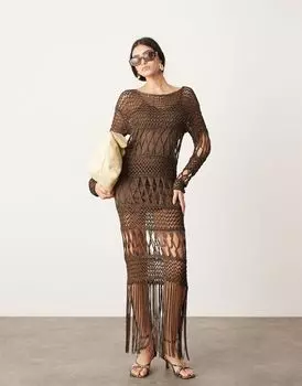 Коричневое платье макси с длинными рукавами и макраме ASOS EDITION