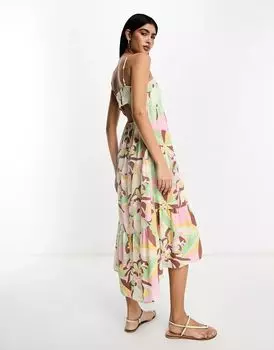 Коричневое платье макси с открытой спиной и глубоким подолом ASOS