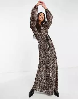 Коричневое платье макси с плиссированной отделкой и поясом ASOS DESIGN