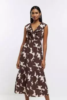 Коричневое платье-макси с V-образным вырезом и рюшами River Island, коричневый