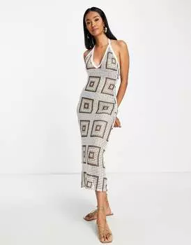Коричневое платье макси с завязками на шее и квадратным принтом ASOS DESIGN