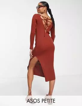 Коричневое платье макси со шнуровкой на спине ASOS DESIGN Petite