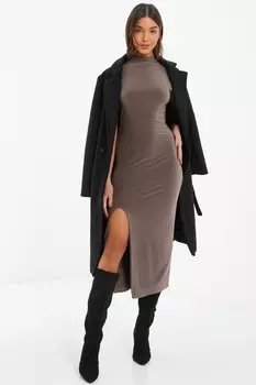 Коричневое платье Midaxi с высоким воротом QUIZ Clothing