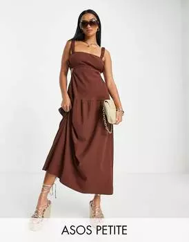Коричневое платье миди на бретельках с вырезами и завязками на спине ASOS DESIGN Petite