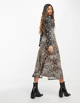 Коричневое платье миди с анималистическим и точечным принтом River Island