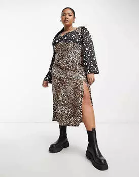 Коричневое платье миди с анималистичным и точечным принтом River Island Plus