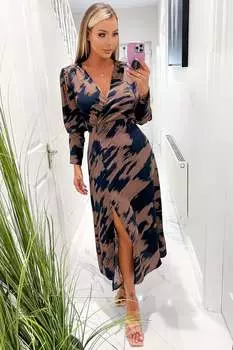 Коричневое платье миди с длинными рукавами и принтом Ax Paris, коричневый