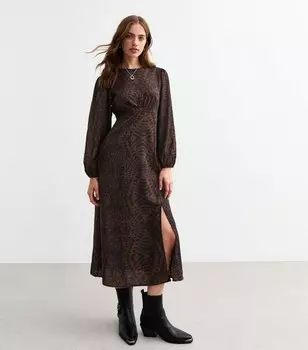 Коричневое платье миди с длинными рукавами и разрезом на подоле с животным принтом New Look, коричневый