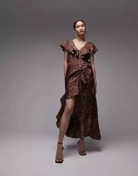 Коричневое платье миди с оборками и запахом Topshop