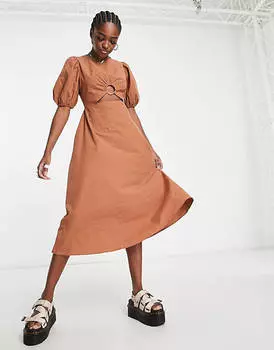 Коричневое платье миди с пышными рукавами и вырезами The Frolic