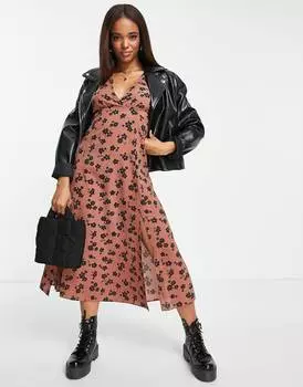 Коричневое платье миди с рукавами ангела и цветочным принтом ASOS DESIGN