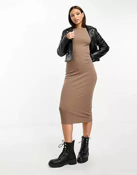Коричневое платье миди в рубчик с длинными рукавами Vero Moda Tall