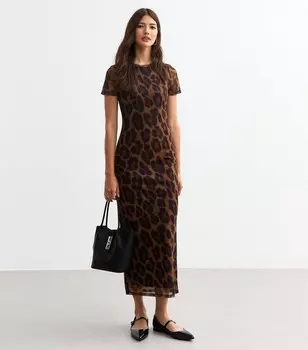 Коричневое платье-миди в сеточку с леопардовым принтом New Look, коричневый