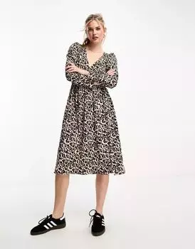 Коричневое платье мини с длинными рукавами и анималистичным принтом Monki на пуговицах спереди