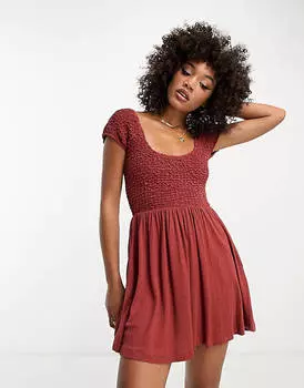 Коричневое платье мини с жатыми сборками и жатыми рукавами ASOS DESIGN