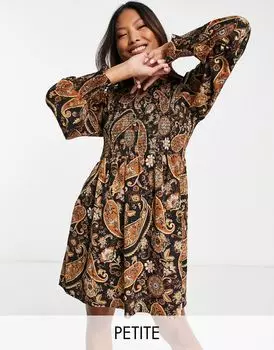 Коричневое платье мини со сборками и высоким воротником и длинными рукавами New Look