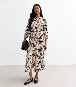 Коричневое платье-рубашка миди с абстрактным принтом New Look, коричневый