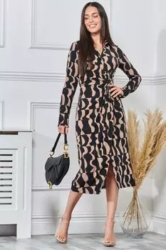 Коричневое платье-рубашка с длинными рукавами из принтованного трикотажа Jolie Moi, коричневый