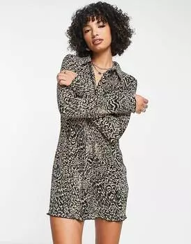 Коричневое плиссированное платье-рубашка мини с длинными рукавами ASOS DESIGN