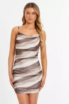 Коричневое сетчатое мини-платье с мраморным принтом QUIZ Clothing