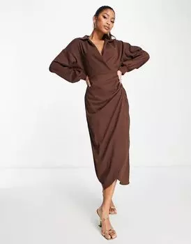 Коричневое текстурированное платье миди с запахом и воротником ASOS DESIGN