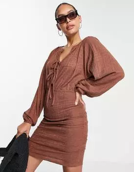 Коричневое текстурированное платье мини с длинными рукавами и завязками ASOS DESIGN