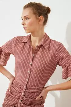 Коричневое тканое платье на пуговицах со сборками TWOSS21EL1763 Trendyol, коричневый