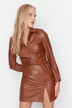 Коричневое тканое платье с разрезами Trendyol, коричневый