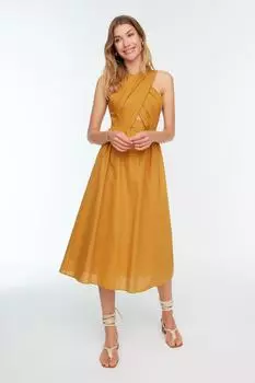 Коричневое тканое платье с вырезами TWOSS22EL1243 Trendyol, коричневый