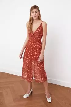 Коричневое тканое платье в горошек на бретелях TWOSS21EL1665 Trendyol, коричневый