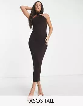 Коричневое трикотажное платье макси с перекручиванием спереди ASOS DESIGN Tall из металлизированной пряжи