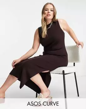 Коричневое трикотажное платье миди-борцовка ASOS DESIGN Curve