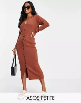 Коричневое трикотажное платье миди с открытым воротником и завязками на талии ASOS DESIGN Petite